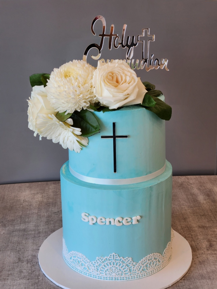 Christening Cake with Lace and Flowers